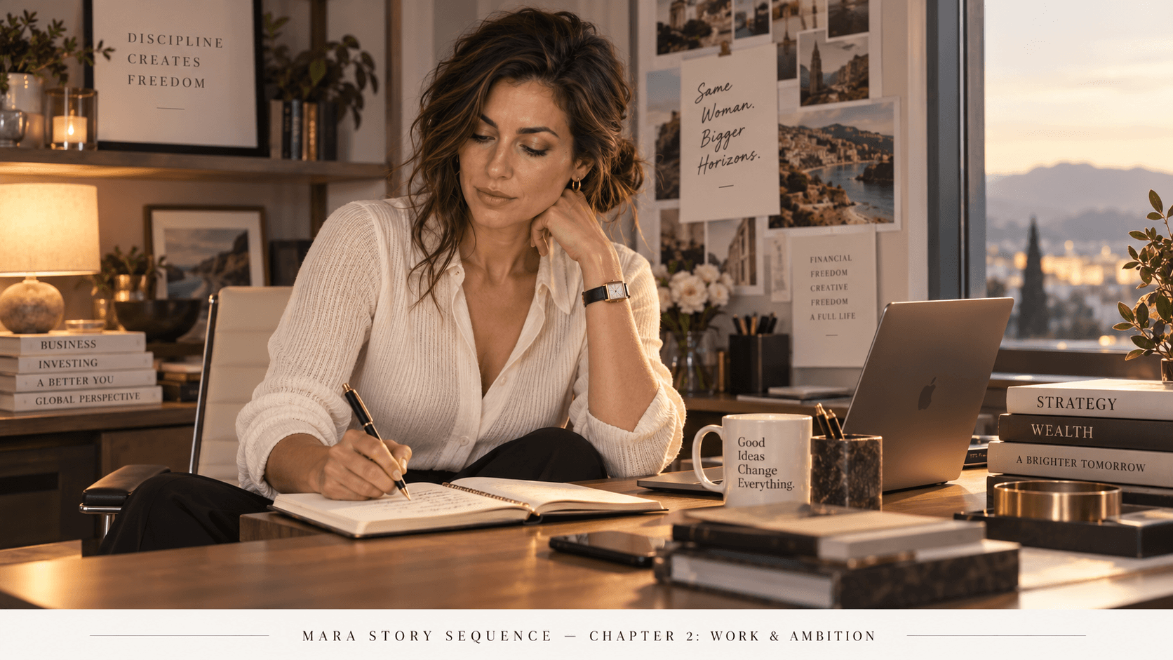 Mara in a warm editorial work setting